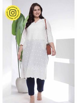 Isadora Life - Plus Size White Cotton Eyelet V Neck Kurta For Women