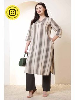 Isadora Life - Plus Size Beige and Grey Striped V Neck Cotton Kurta