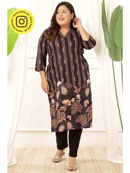 Isadora Life - Plus Size Black Floral V Neck Soft Knitted Fabric Kurta