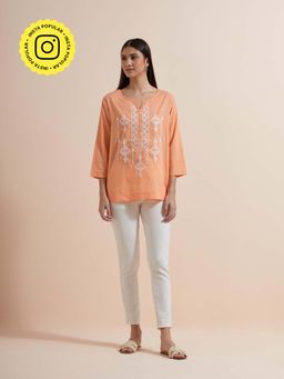 Mukul - Orange Embroidery Top