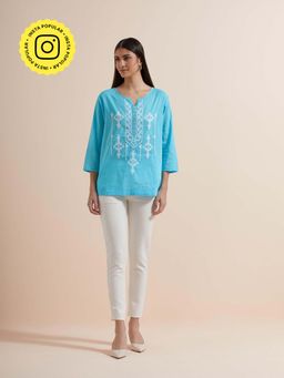 Mukul - Turquoise Embroidery Top