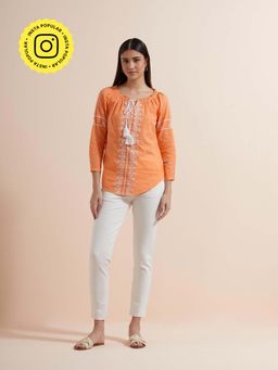 Mukul - Orange Embroidery Top