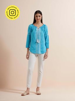 Mukul - Turquoise Embroidery Top