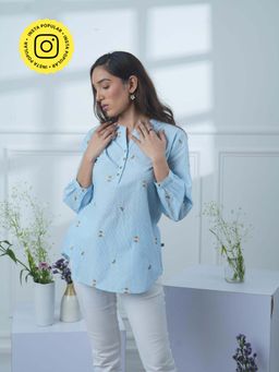 Mukul - Blue Striped Booti Embroidered Top