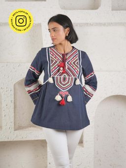 Mukul - Navy Blue Boho Tassel Embroidered Top