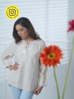Mukul - Beige Striped Tassel Embroidered Top