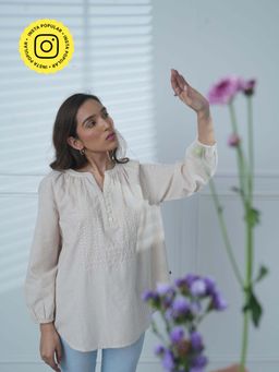 Mukul - Beige Striped Cross Stitch Top