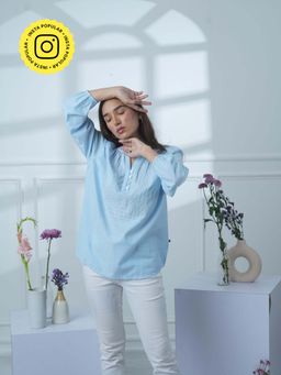 Mukul - Blue Striped Cross Stitch Top