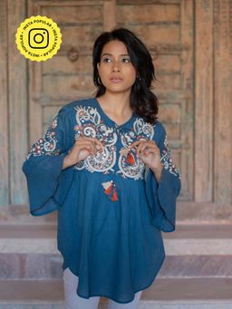 Mukul - Blue Embellish Meadow Top