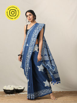 Okhai - 'Generous' Hand Block Printed Mirror Work Pure Cotton Saree With Unstitched Blouse