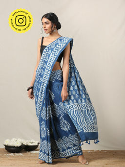 Okhai - 'Patience' Hand Block Printed Mirror Work Pure Cotton Saree With Unstitched Blouse