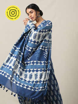 Okhai - 'Charisma' Hand Block Printed Mirror Work Pure Cotton Saree With Unstitched Blouse