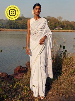 Okhai - 'Heaven' Hand Embroidered Mirror Work Pure Cotton Saree