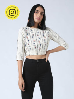 Okhai - 'Skylar' Hand Embroidered Mirror Work Cotton Ikat Top