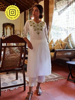 Okhai - 'Moonglow' Hand Embroidered Mirror Work Pure Cotton Long Kurta