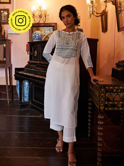 Okhai - 'Glacier' Hand Embroidered Mirror Work Pure Cotton Long Kurta