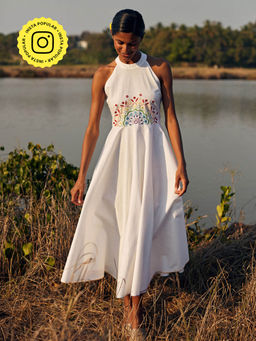 Okhai - 'Panorama' Hand Embroidered Mirror Work Pure Cotton Dress