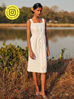Okhai - 'Daydream' Hand Embroidered Mirror Work Pure Cotton Dress And Stole (Set of 2)