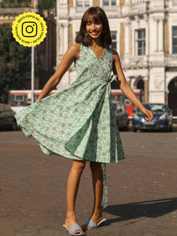 Okhai - 'Fresh Flower' Pure Cotton Hand Block Printed Wrap Dress