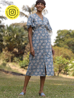 Okhai - 'Flower Field' Pure Cotton Indigo Hand Block Printed Dress