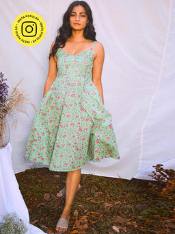 Okhai - 'Captivate' Pure Cotton Mirror Work Hand-Block Printed Dress