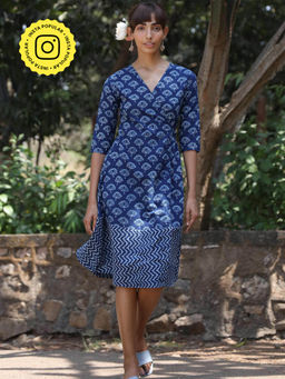 Okhai - 'Jelly Fish' Pure Cotton Hand Block Printed Indigo Wrap Dress