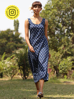 Okhai - 'Debonair' Pure Cotton Hand Block Printed Indigo Sleeveless Dress