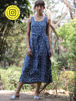 Okhai - 'Blue Moon' Pure Cotton Hand Block Printed Indigo Sleeveless Dress