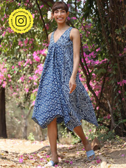 Okhai - 'Dream Dance' Pure Cotton Hand Block Printed Indigo Sleeveless Dress