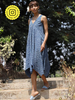 Okhai - 'Passionate Story' Pure Cotton Hand Block Printed Indigo Sleeveless Dress