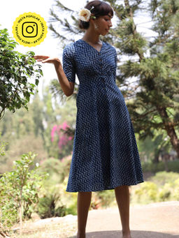 Okhai - 'Ocean Voyage' Pure Cotton Hand Block Printed Indigo Dress