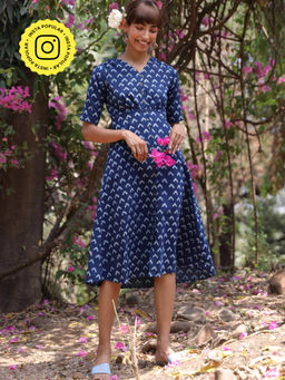 Okhai - 'Butterfly Bush' Pure Cotton Hand Block Printed Indigo Dress