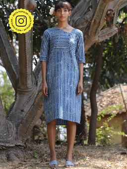 Okhai - 'Vintage Blue' Pure Cotton Indigo Hand Block Printed Dress