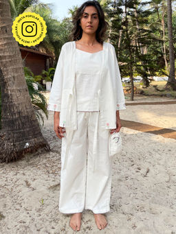 Okhai - 'Sanctity' Pure Organic Cotton Hand Embroidered Night Suit - White