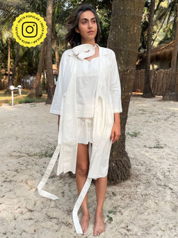 Okhai - 'Reindeer' Pure Organic Cotton Hand Embroidered Night Suit - White