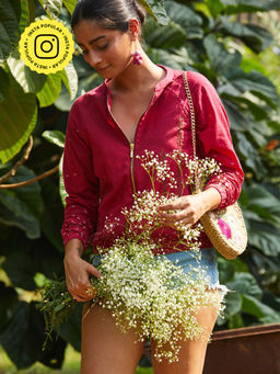 Okhai - 'Cherry Me' Hand Embroidery Pure Cotton Bomber Jacket