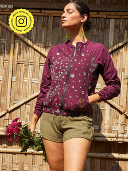 Okhai - 'Night Forest' Hand Embroidery Mirror Work Pure Cotton Bomber Jacket