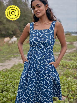 Okhai - 'Indigo Jungle' Pure Cotton Indigo Handblock Printed Sleeveless Dress