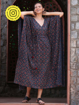 Okhai - Blue Sky Pure Cotton Handblock Printed Ajrakh Mirror Work Kaftan