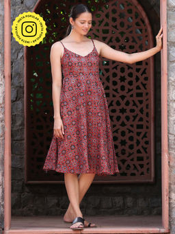 Okhai - Indus Pure Cotton Handblock Printed Ajrakh Mirror Work Slip Dress