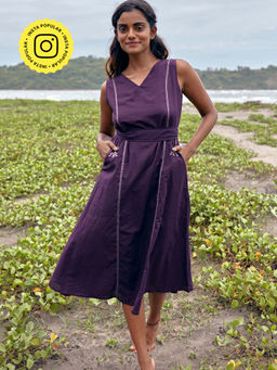 Okhai - 'Thistle' Pure Cotton Hand Embroidered Mirror Work Sleeveless Dress