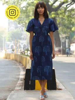 Okhai - 'Magical Chemistry' Pure Cotton Indigo Hand Block Printed Dress