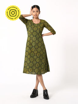 Okhai - Pasture Green Ajrakh Cotton Dress