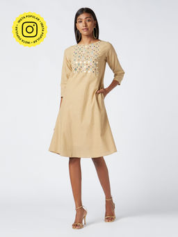 Okhai - Rethi Beige Embroidered Cotton Dress