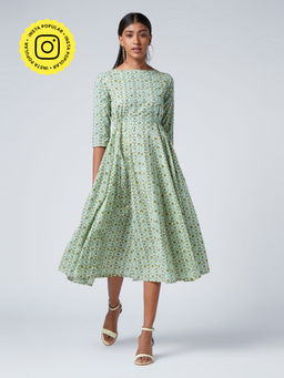 Okhai - Juno Green Cotton Hand Block Print Dress