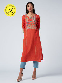 Okhai - Rabari Orange Embroidered Cotton Kurta