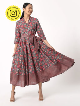 Okhai - Grey Prolific Hand Block Cotton Dress
