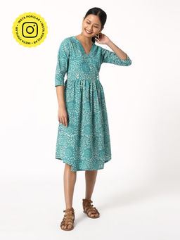 Okhai - Turquoise Surge Cotton Hand Block Wrap Dress