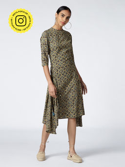 Okhai - Olive Henna Embroidered Cotton Ajrakh Dress