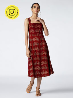 Okhai - Maroon Drift Cotton Hand Block Printed Dress